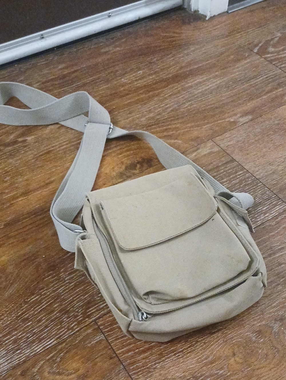 Men's Beige Canvas Crossbody Bag - Compact Everyday Shoulder Bag